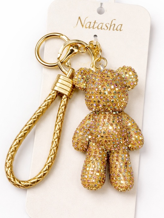 Natasha Accessories - Natasha Gold Rhinestone Teddy Bear Bag Charm Keychain Sparkle NWT